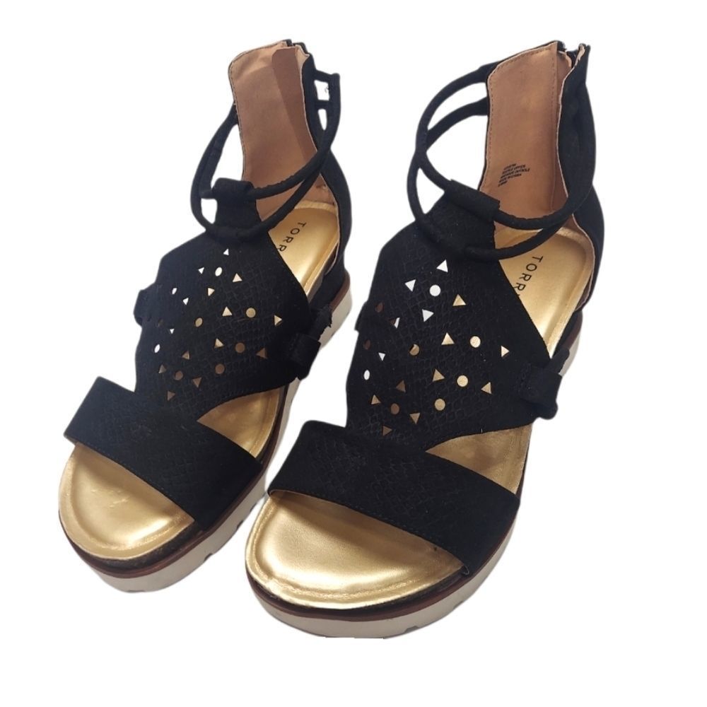 Black Suede Laser-Cut Wedge Sandals - Women